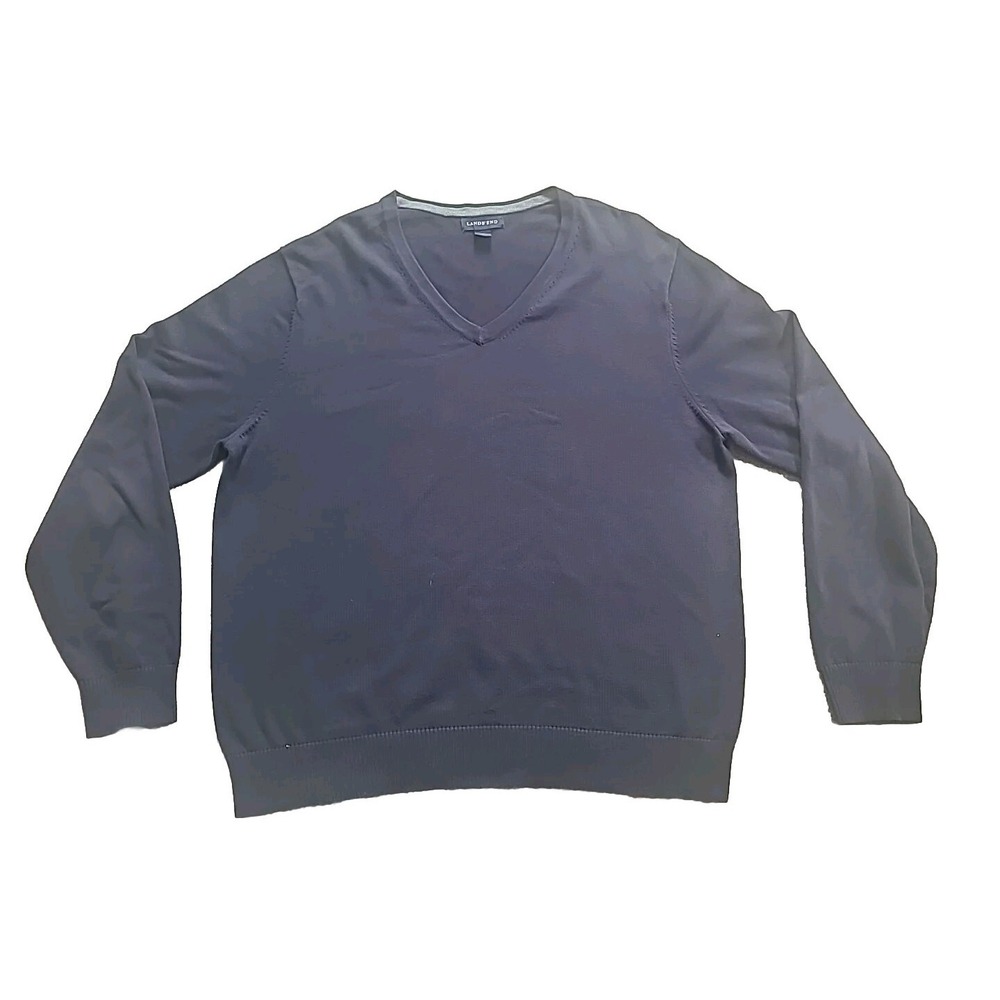LANDS' END BLUE NAVY V-NECK PULLOVER SWEATER 100% COTTON SIZE L 42-44